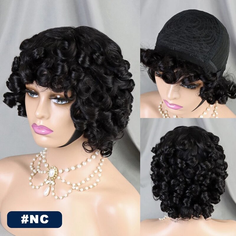 Peruca de cabelo humano encaracolado Bouncy com franja para mulheres negras, Afro Natural Kinky, máquina completa feita, 200% Densidade, 6"