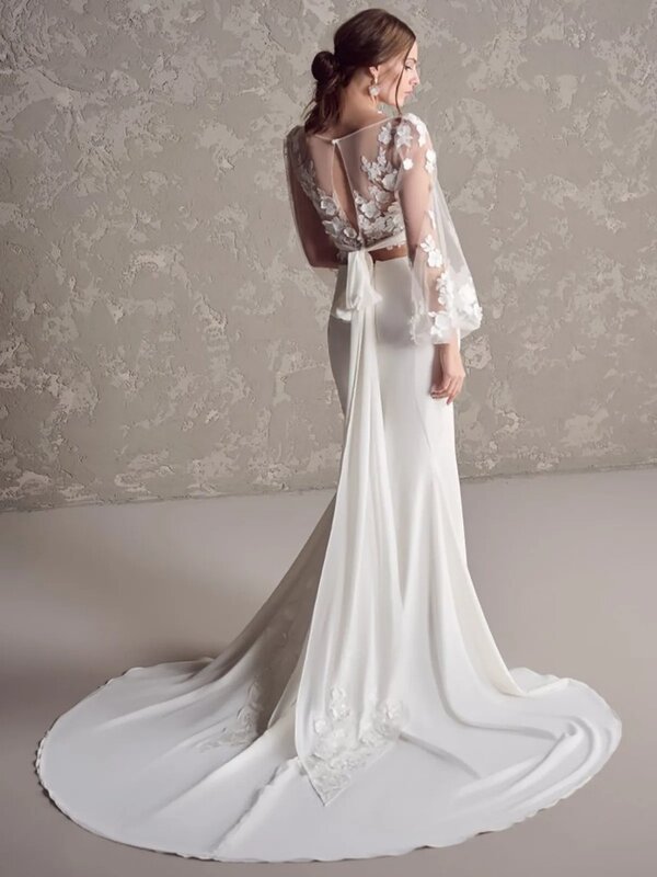 Vestido de noiva sereia de duas peças, vestido de noiva boêmio, aplique de manga comprida até o chão, elegante vestido de noiva
