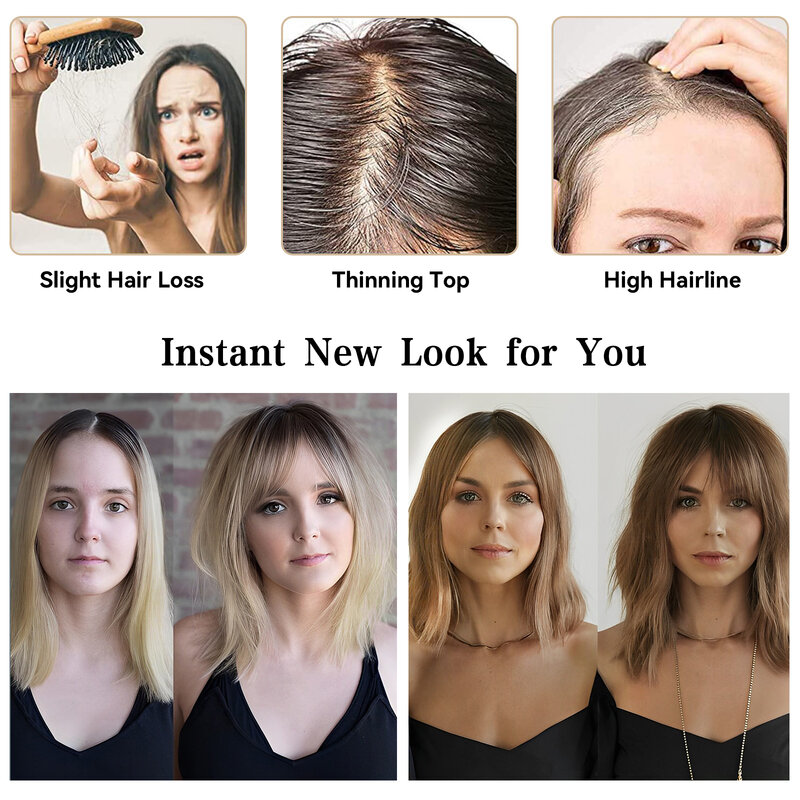 Toppers de cheveux humains avec clip de base de cheveux amincissants pour femmes, partie centrale ombrée, toupet brun clair et blond