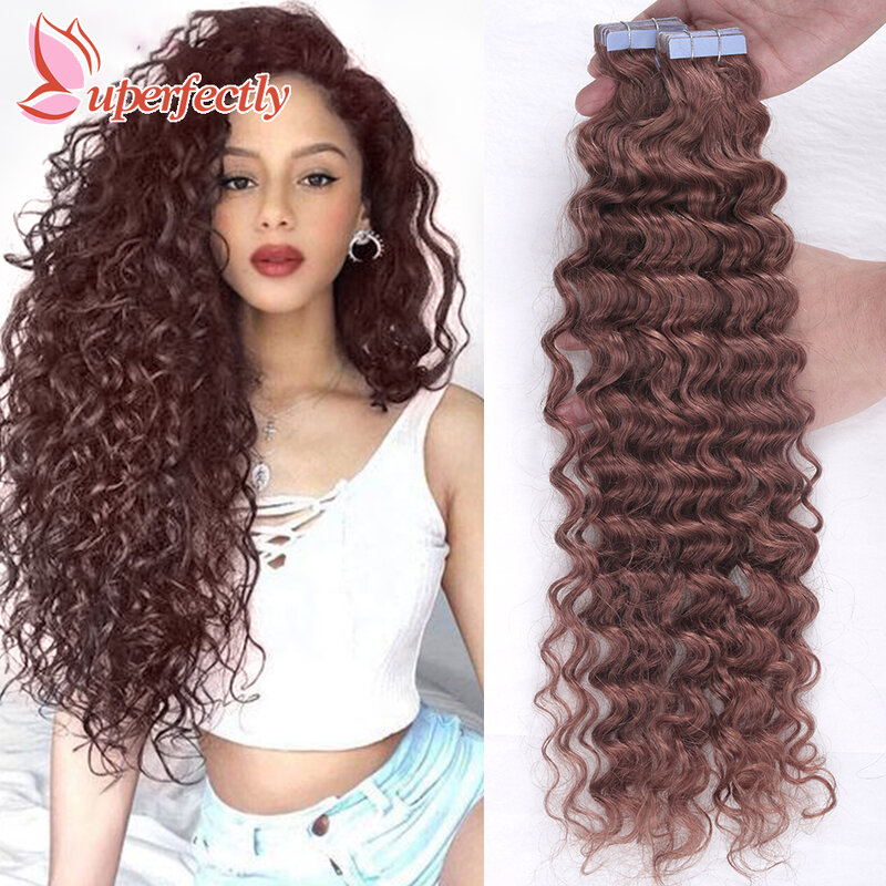 Deep Wave Tape In Extensions Human Hair Remy Brazilian Hair Skin Weft Tape Ins Curly Hair Black Brown Blonde Color 16-26Inch