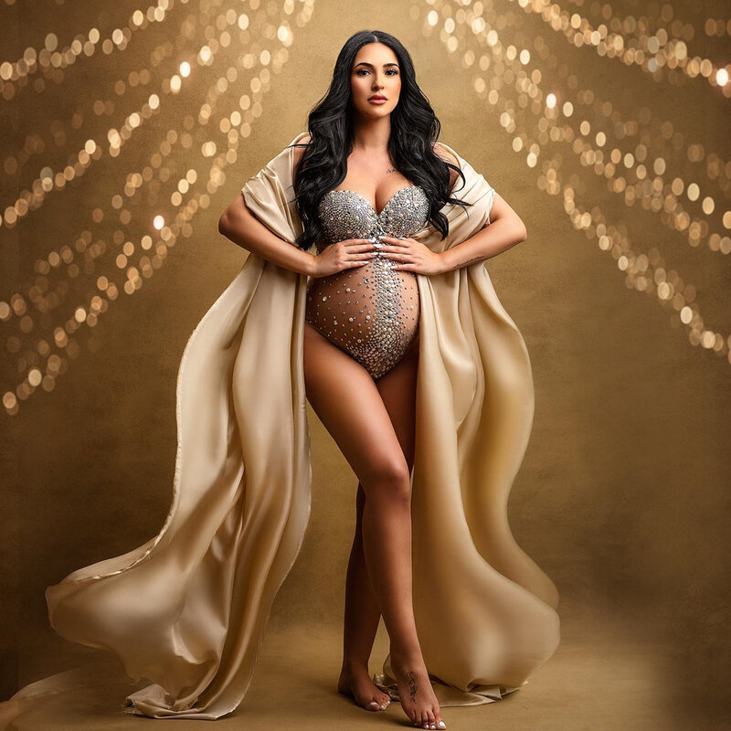 Suknia fotograficzna ciążowa seksowna bogini cyrkonie perłowe elastyczne kombinezony sukienka na fotograficzne pozy rekwizyty dla kobiet w ciąży