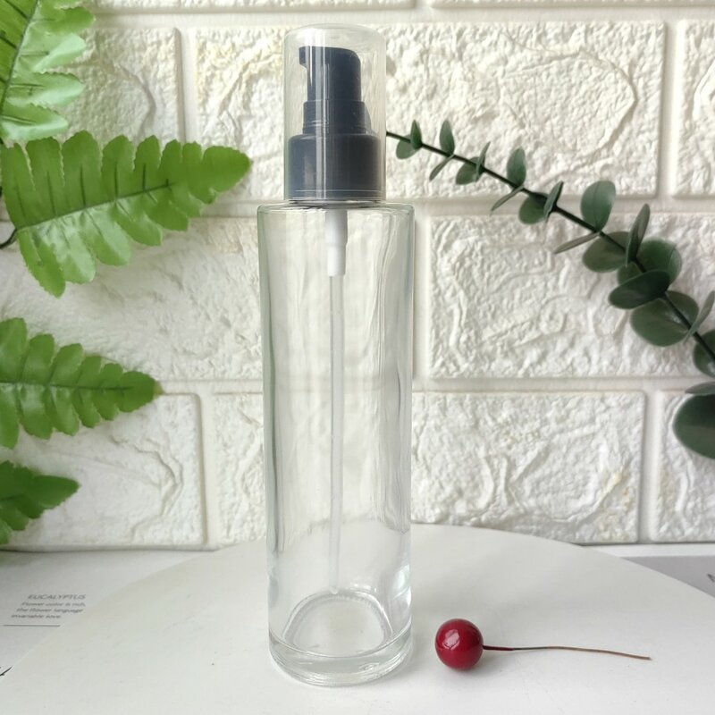 Botella de vidrio transparente con tapón plano de 24mm con bomba de loción de bambú, interior de aluminio con grabado, contenedores de embalaje para cosméticos y maquillaje