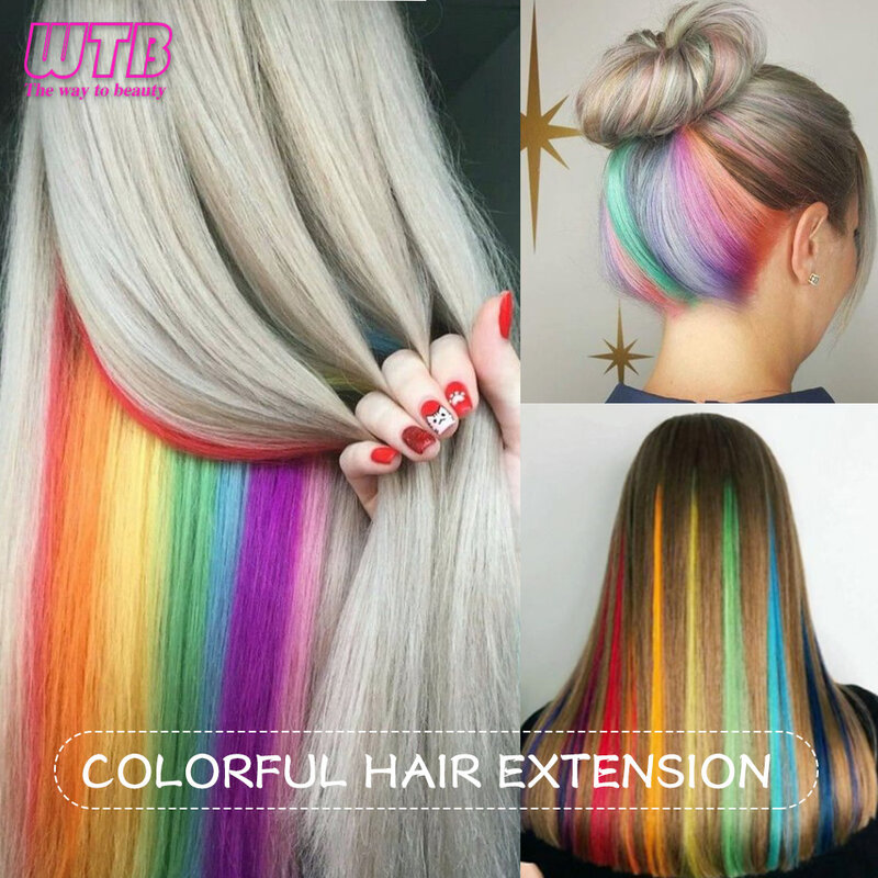 WTB-extensiones de cabello sintético para niña, extensión de cabello largo y liso colorido, color rosa, rojo y azul, arcoíris Natural, Hai