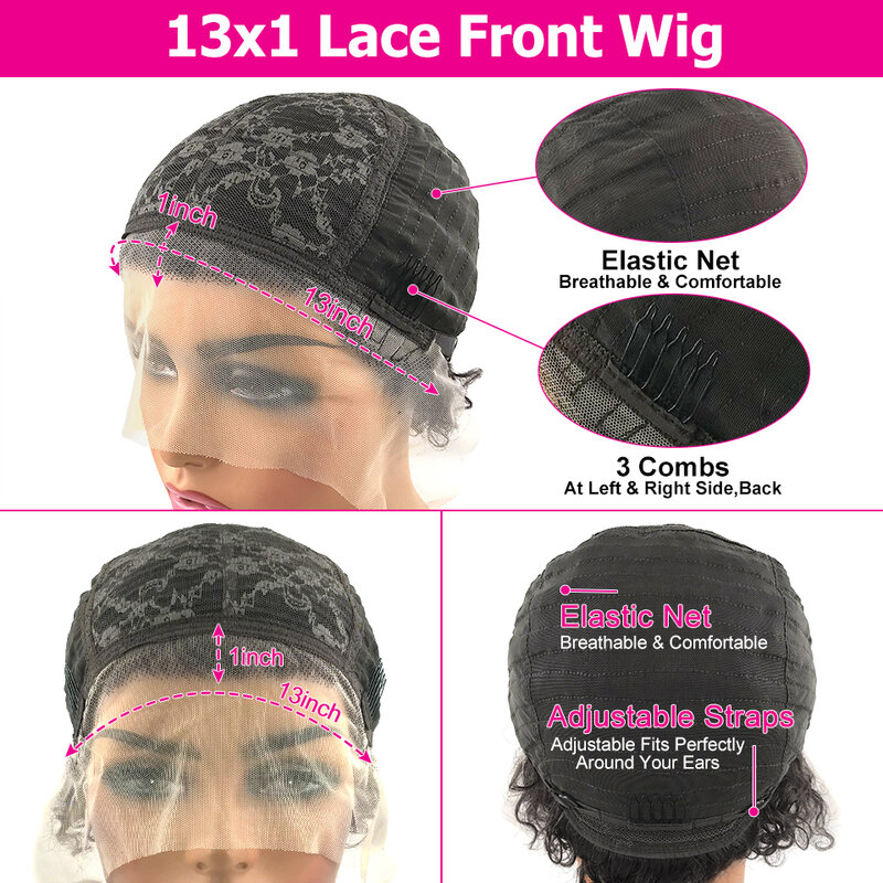 Pixie Cut Bob Peruca para Mulheres Negras, Perucas de Cabelo Humano Remy Brasileiro, 13x1 Lace Highlight Colored Wigs, Cor Preta Natural