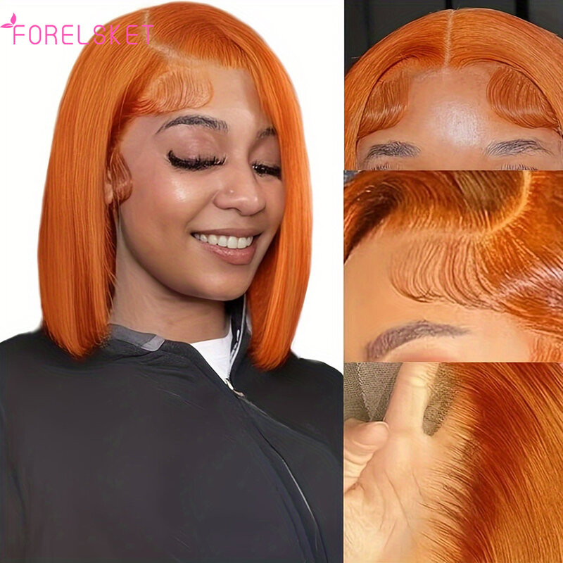 Prosta wstępnie oskubane peruwiańskie włosy dziewicze peruka z krótkim wycięciem o 180% gęstości 13x4 Hd koronkowa pomarańczowa część środkowa Bob dla kobiet