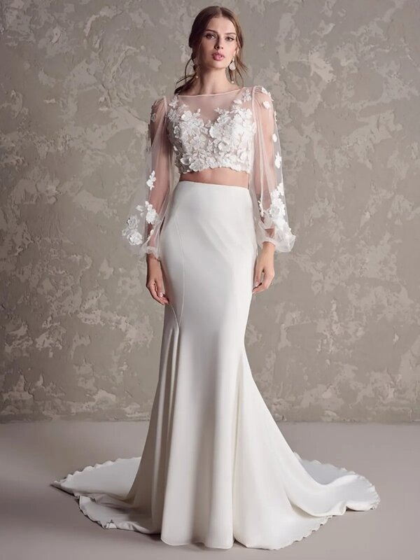 Modest Two piece Mermaid Wedding Dress Long Sleeve Appliqes Elegant Floor Length Bridal Gown Bohemian Vestido De Novia