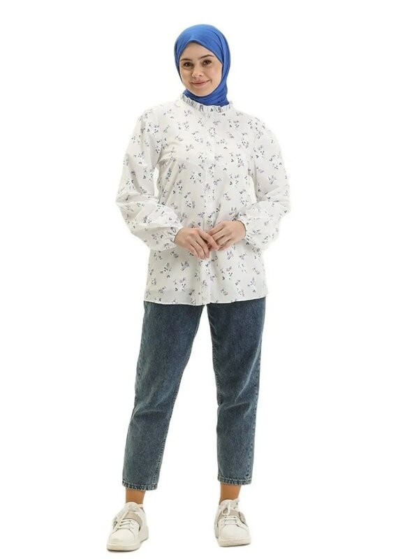 Camisa estampada floral com gola franzida para mulheres, botões de manga comprida, moda muçulmana, turca, árabe e islâmica, 4 estações do ano