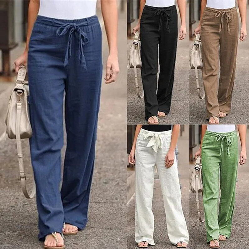 Celana panjang katun Linen wanita, celana panjang longgar kebesaran pinggang tinggi, celana warna Solid kasual musim panas