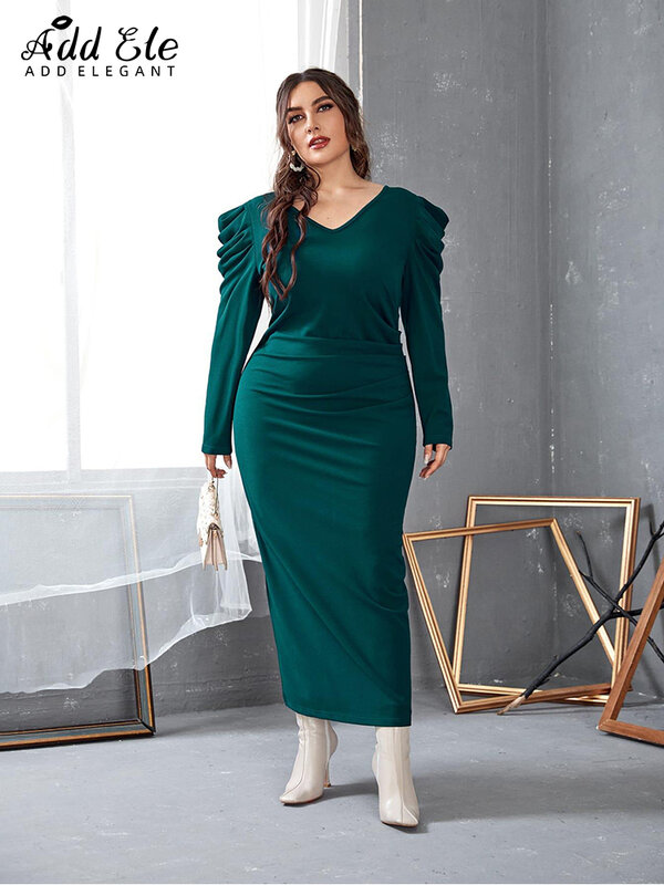 Dodaj elegancki Plus rozmiar Split powrót sukienka z bufkami dla kobiet 2022 jesień solidna talia kobiet V Neck Slim Temperament sukienki B127