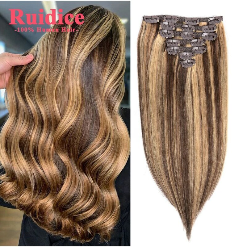 P4/27 Piano Brown Highlight Blonde Clip In Hair Extension Human Hair Clip In Extension Full Head Brazilian Clip Hair for Women
