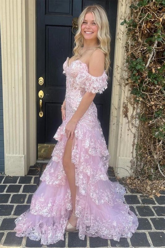 Sparkly Tulle Sweetheart Off-the-Shoulder Appliques Sequins Prom Dresses A-line Tiered Ruffle High Slit Formal Evening Dress