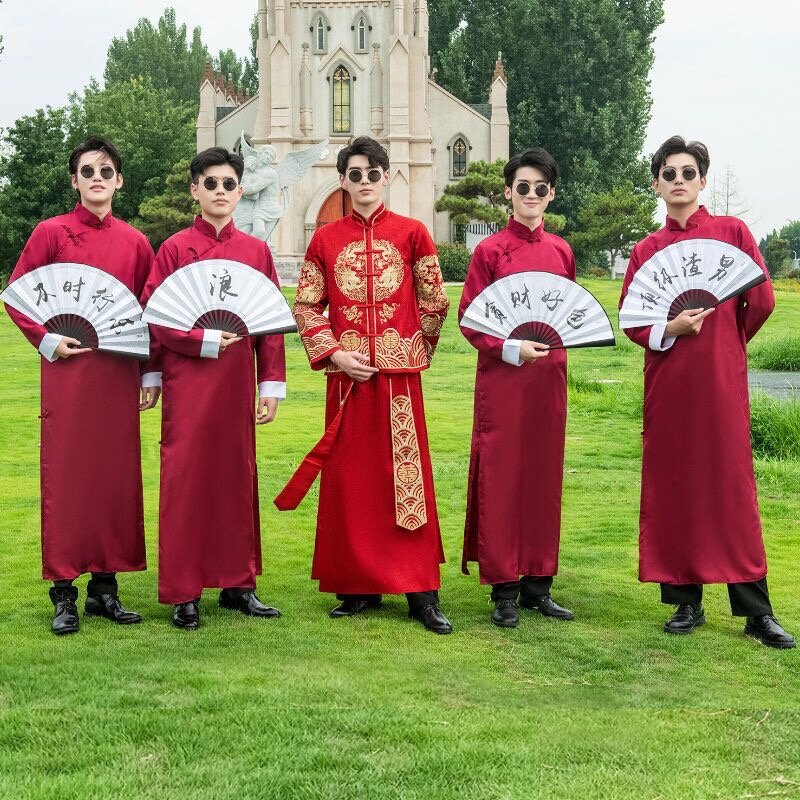 Roupa chinesa dos Groomsmen do estilo, vestido de casamento, terno cruzado, revestimento, robe, revestimento do cavalo, estilo chinês