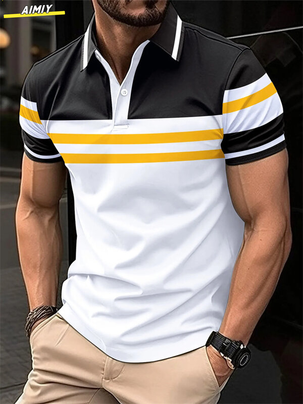 เสื้อโปโลแฟชั่นผู้ชายแขนสั้นลายทาง, เสื้อโปโลคอปกลำลองสำหรับผู้ชายเสื้อกีฬาลำลองฤดูร้อนใหม่