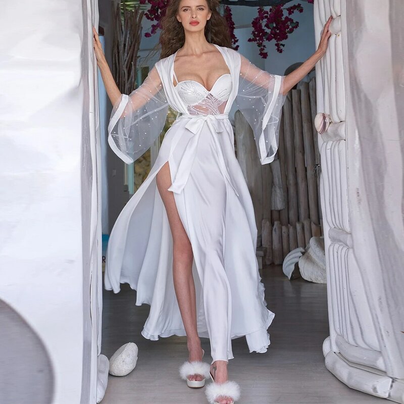 Zweiteilige Anzug elegante Spitze Braut Robe für Hochzeit sexy Flare Ärmel weichen Satin Braut dusche Kleid Frauen Nacht Gwon