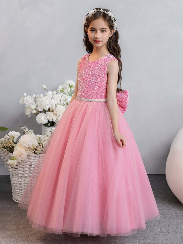 Girl's Tulle Sequins Ball Gowns With Pearls & Bowknot Sleeveless A line Girl Dresses For Wedding & Birthday Party