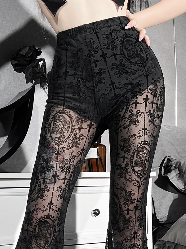 InsDoit-pantalones acampanados negros góticos para mujer, ropa de calle Lolita, transparente, Sexy, de cintura alta, estética Punk, Grunge