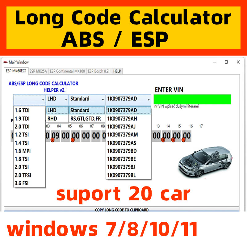 Calculatrice de code long pour VW ABS, logiciel, sculpture, installation, installation, vide, aide, MK60EC1, ESP, le plus récent