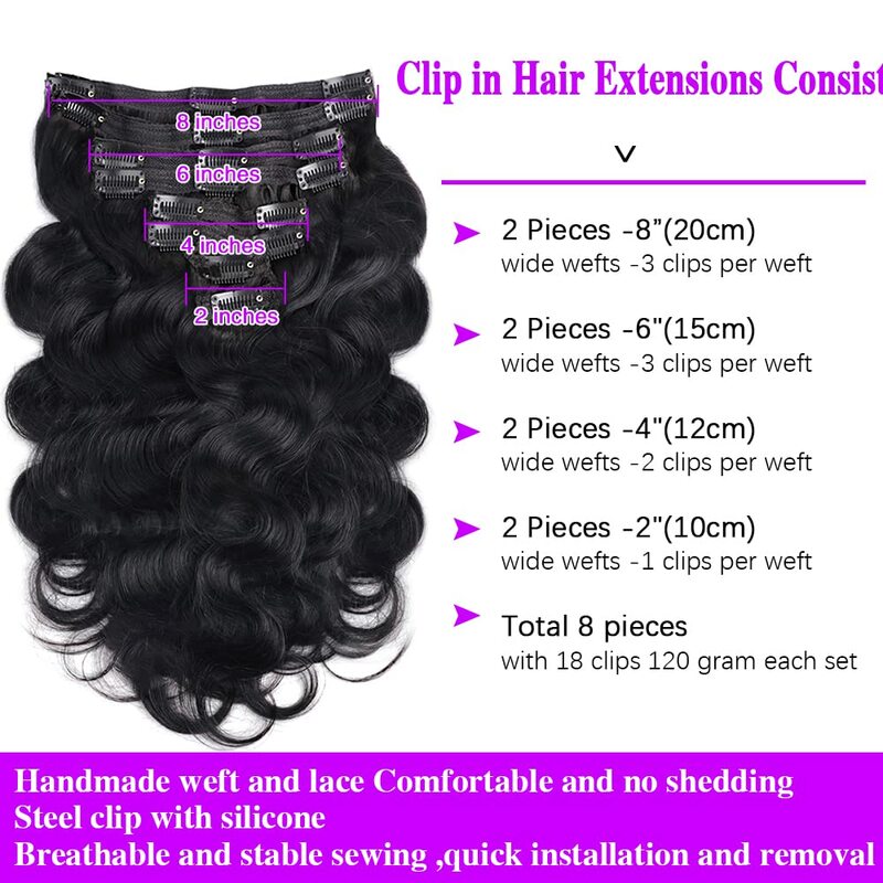 Body Wave Clip in Hair Extensions Brazilian Real Remy Hair Extensions Clip ins Natural Black Color Full Head Clip ins Human Hair