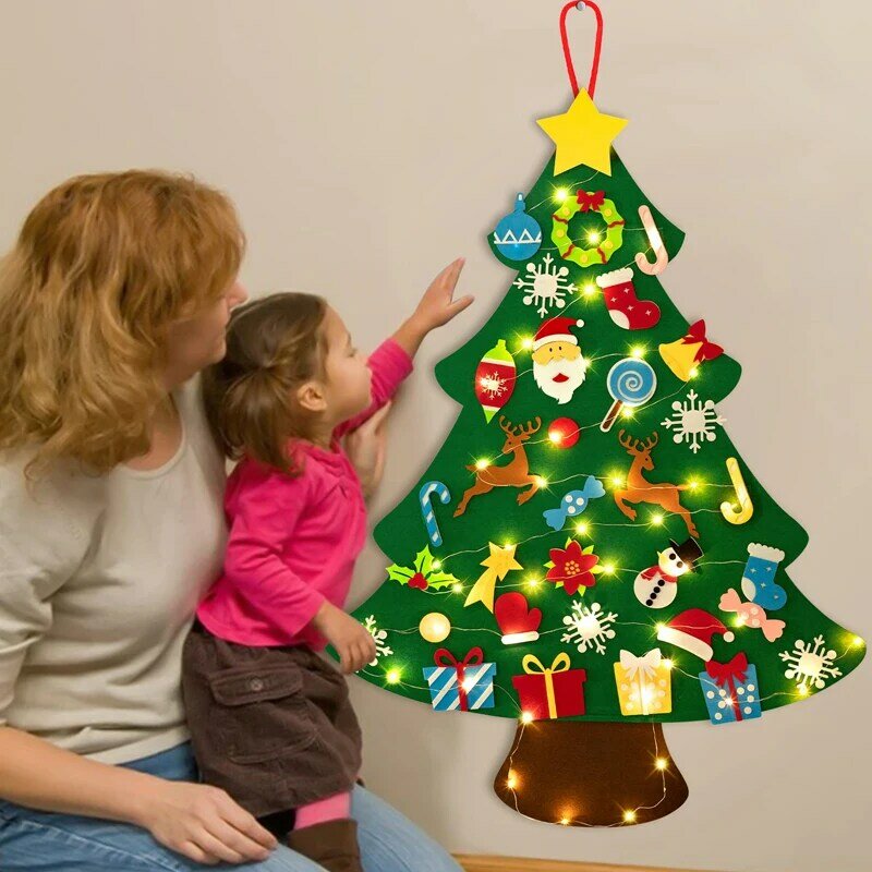 DIY sentiu árvore de Natal para crianças, decoração de Natal, enfeites de Papai Noel, artesanato infantil com luz, presentes pendurados para crianças