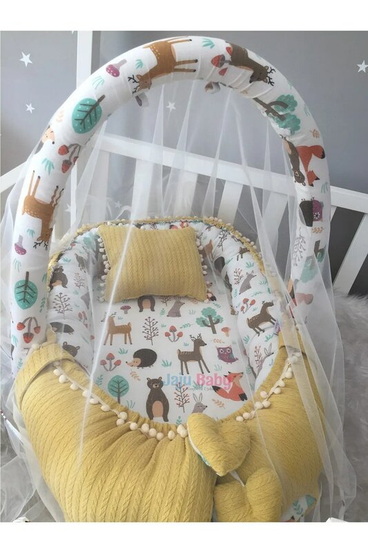 Handmade Yellow Knitted Pique Fabric and Forest Muslin Fabric with Pompom Babynest Toy Apparatus and Tulle Set