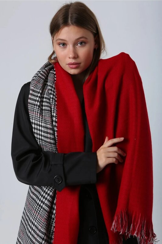 女性用両面グースフィートパターンショール、赤いスカーフ、70x185 cm