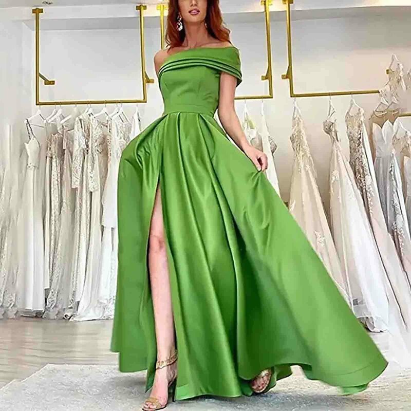 Elegant Satin One Shoulder Prom Dresses With Split & Pockets Cocktail Party Ball Gowns A-Line Long Formal Evening Dress Women