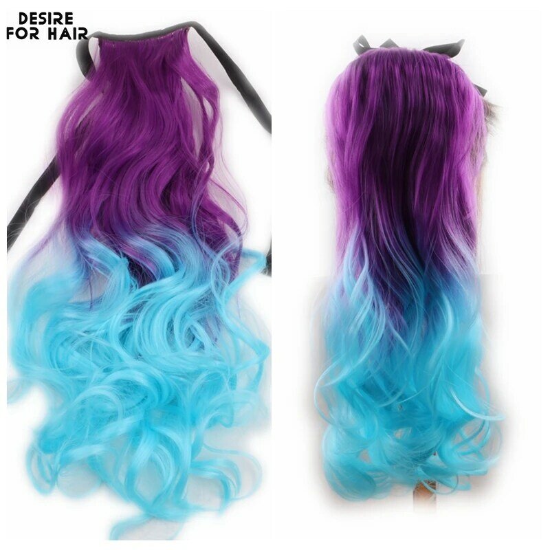 Pastel Color 22Inch Synthetic Clip In Drawstring Ponytail Extension Wavy Curly Ponytail With Ribbon For Kids