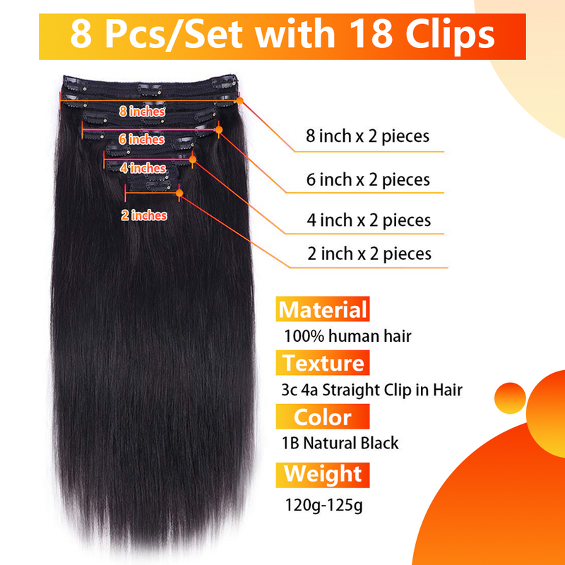 Clip nell'estensione dei capelli capelli umani Clip diritta brasiliana nell'estensione estensione completa della Clip della testa estensione dei capelli per le donne 120 g/Set colore 1B