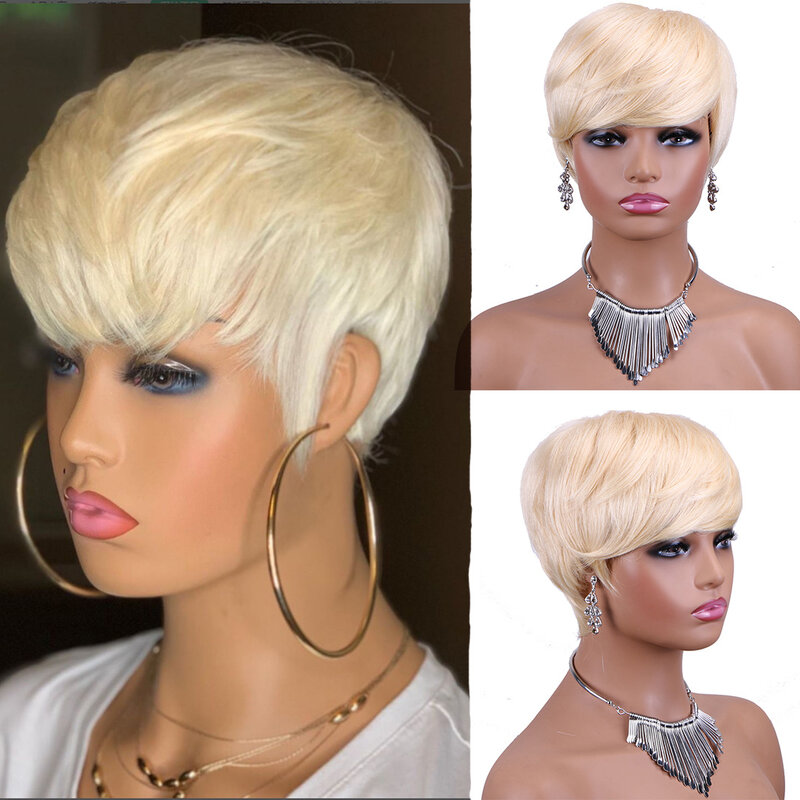 613# Short Pixie Cut Human Hair Wigs Straight Bob Wigs With Bangs Full Machine  Human Hair for Women Brazilian Remy Hair Wigs