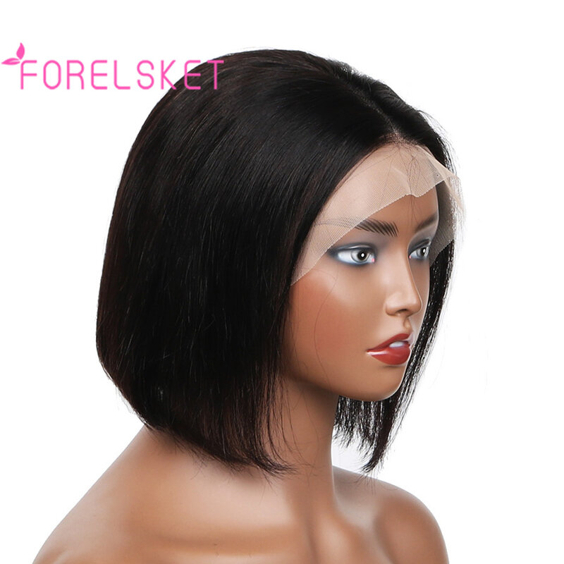 Peluca Bob corta de cabello humano para mujer, 13x4 HD, encaje Frontal transparente, 180% de densidad, Color Natural, 8 pulgadas
