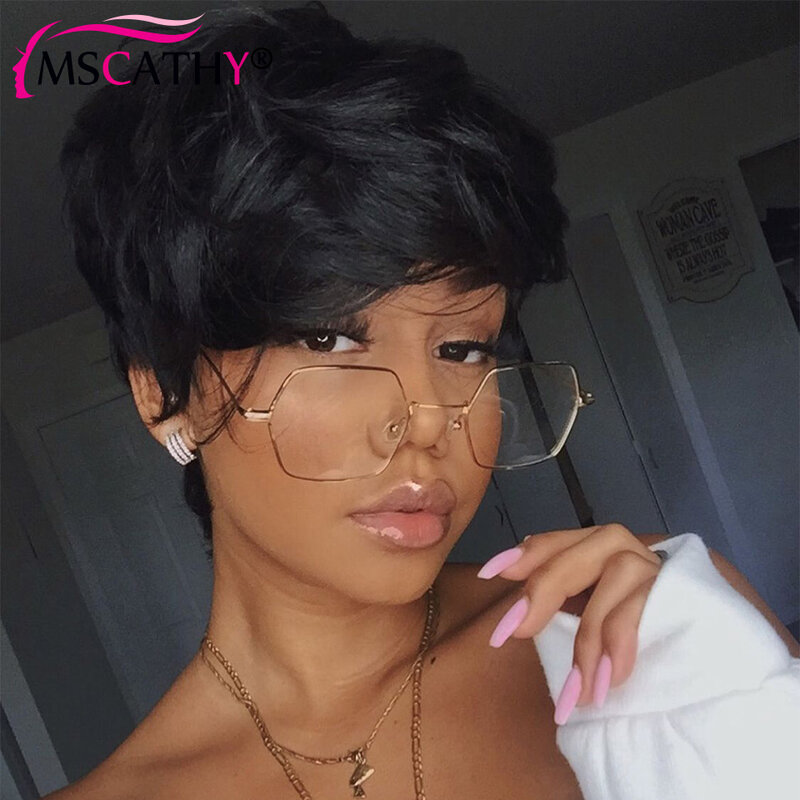 150% Density Pixie Cut Human Hair Wigs for Women No Lace Full Machine Made Wig Curly Wig with Bangs Natural Black Colored Wig