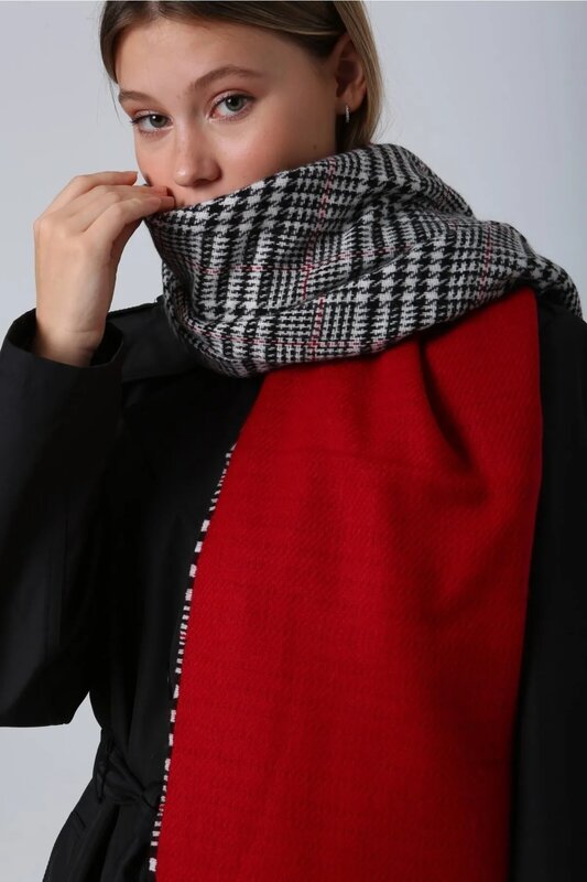 شال مزدوج الوجهين بنمط قدم أوزة للنساء ، وشاح أحمر ، 70 × × سم