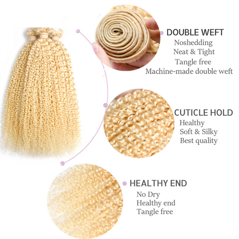 Fabeauty 613 Blonde Kinky Curly Brazilian Hair Bundles Remy Human Hair Curly Extensions Weave Honey Blonde 1/3/4 Bundles Deals