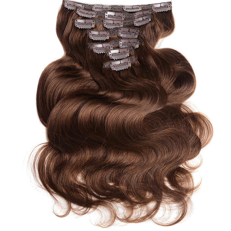 Klip rambut manusia Eropa gelombang coklat tubuh dalam ekstensi seri volume klip rambut alami dalam ekstensi rambut bergelombang dalam obral