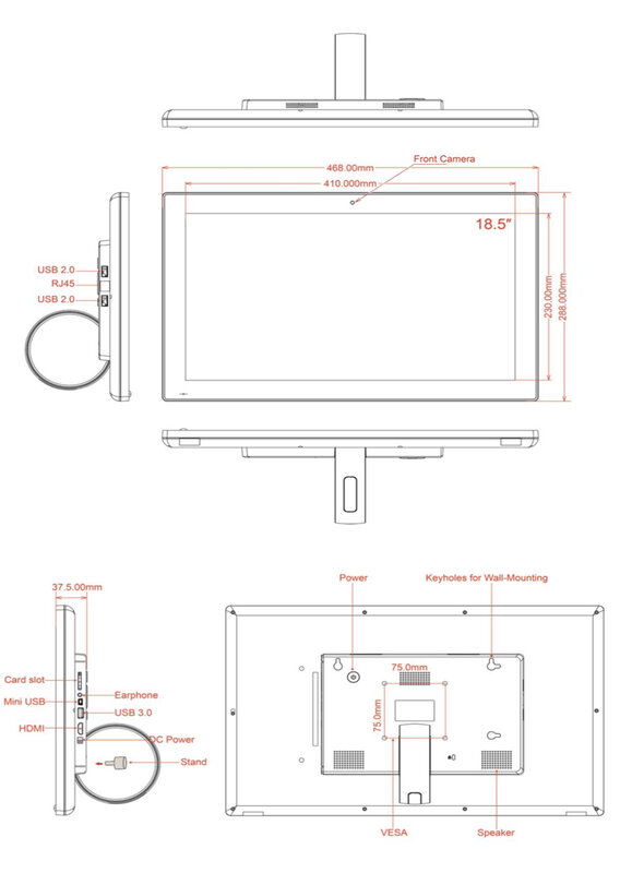 벽걸이 형 안드로이드 터치 스크린 인터랙티브 디스플레이, 와이파이, 이더넷, BT, HDMI, 24/7 중단 없음, 타이머 켜기/끄기, 18.5 인치
