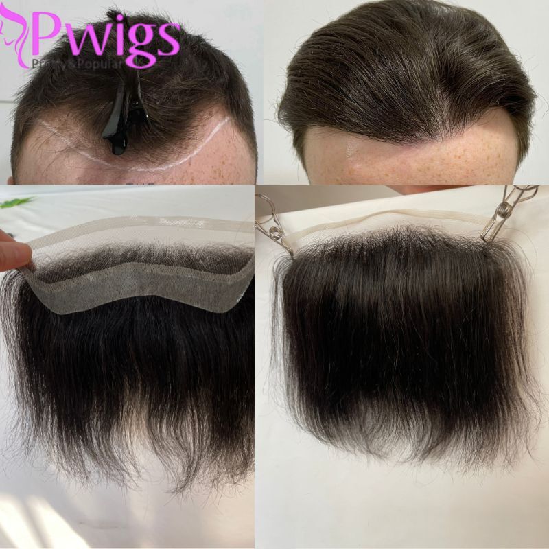 Pwigs-Toupet Transparent HD Invisible Lace Front Hairline pour Hommes, Dentelle Française, Forme V, Postiche 1B
