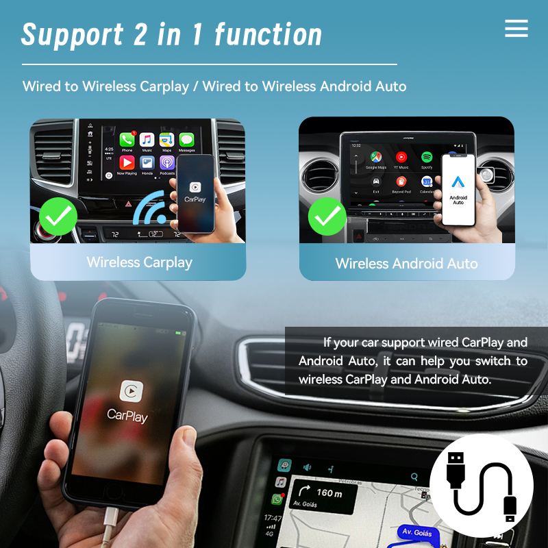 Acodo-Dongle Carplay Sem Fio, AI Box, Adaptador Automático com Fio para Android, Bluetooth, WiFi, Plug And Play para Toyota, Honda, VW, Audi