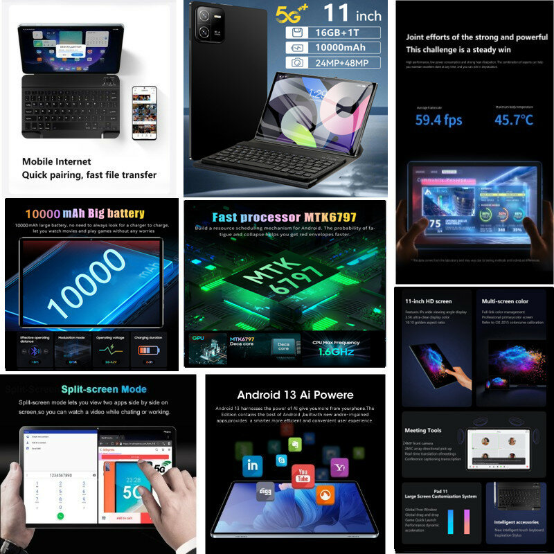 Pad 6 Pro Tablet PC, Versão Global, Android 13, 11 Polegada, 16GB, 1T, 5G, Dual SIM, Chamada Telefônica, GPS, Bluetooth, WiFi, WPS, Novo, 2020