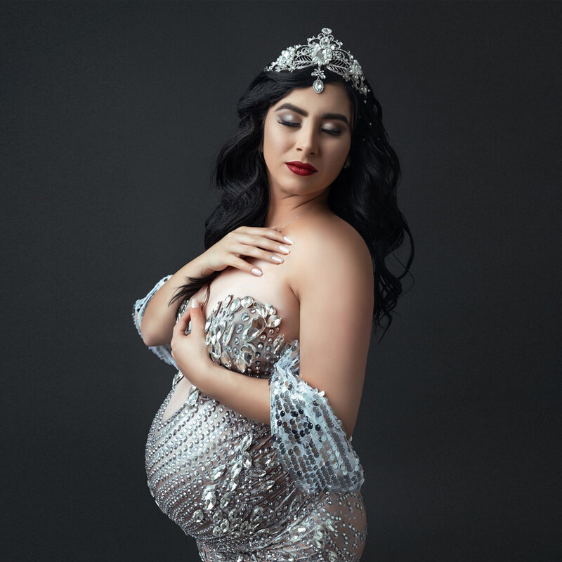 Gaun fotografi bersalin berlian imitasi berkilau elastisitas tinggi ukuran besar cocok untuk alat peraga pakaian fotografi wanita hamil