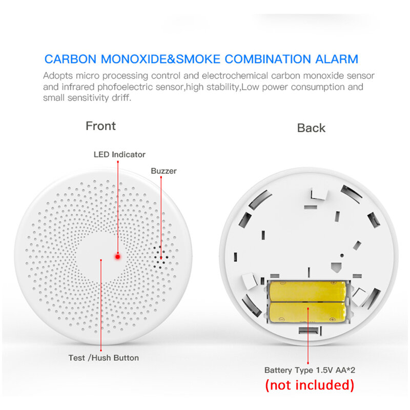 CPVAN-Tuya WIFI 연기 감지기 일산화탄소 센서 2 in 1, 스마트 라이프 무선 CO 가스 화재 경보, 홈 보안 보호