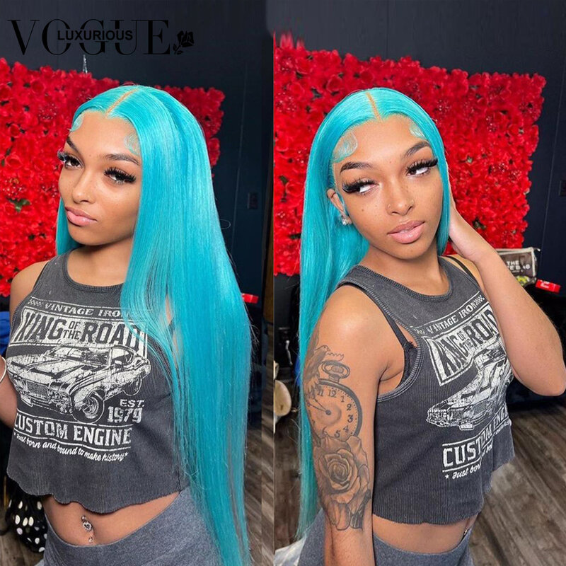 Light Lake Blue Colored Straight Human Hair Frontal Wigs 13X4 Transparent Lace Front Wig Glueless Ready To Go Brazilian On Sale