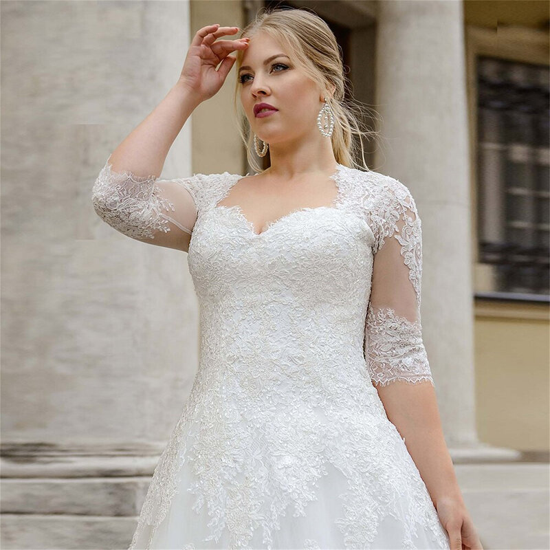 Plus Size A-line Wedding Dress 2021 Sweetheart Half Sleeves Lace Chapel Train Tulle Bridal Gown with Applique Vestido De Novia