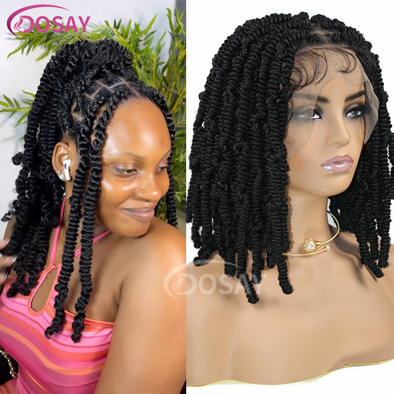 Peluca Afro de encaje completo para mujeres negras, pelo trenzado de ganchillo, rizos en espiral, Bob corto, caja de 12 ", 360