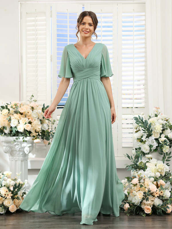 A-Line V-Neck Half Sleeves Split Side Floor Length Chiffon Bridesmaid Dresses With Pockets Elegant Dresses for Weddings Guest