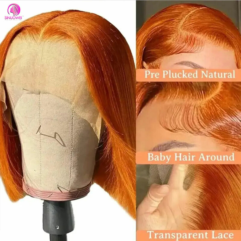 Wig renda depan Bob pendek jahe 13x4 Wig Frontal renda transparan rambut manusia India Wig Frontal 180% oranye renda untuk Wig wanita