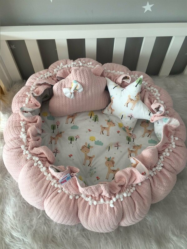 Handmade Pink Knitted and Deer Pattern Combination Design Retractable - Collapsible Play Mat Baby Nest