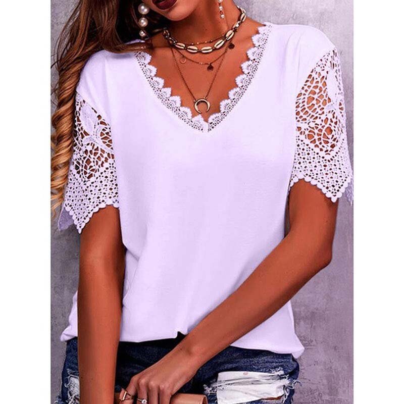 Women Basic T-Shirts Hollow V-Neck Lace Splicing  Blouses Tees Summer Fashion Commuting Top Casual Thin Female Clothing
