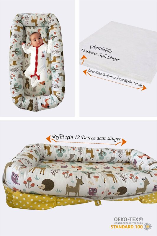 Handmade 3n1 Reflux bed, Babynest, Mother Bag Yellow Polka Dot Forest Pattern Luxury Baby Nest