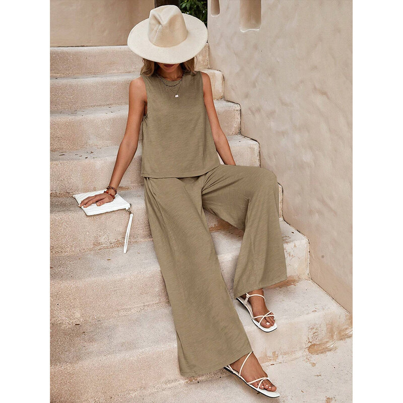 Summer New Women's Suit Solid Color Chiffon Sleeveless Top And Pants Set Light Breathable Loose Comfortable Sexy Elegant S-XL