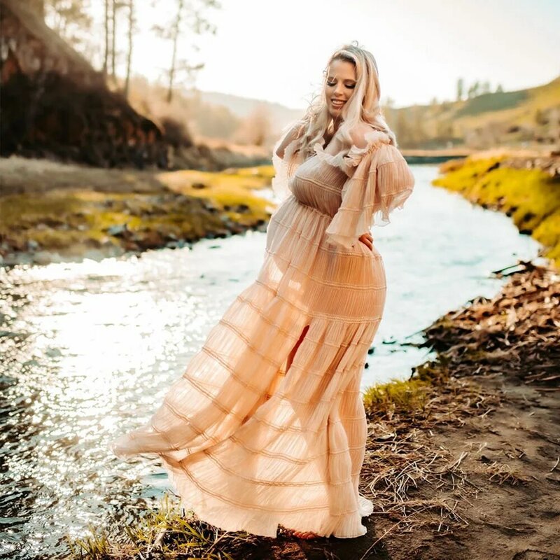 Fotografia ciążowa sukienki Boho sukienka ciążowa seksowna koronkowa sukienka z rękawem z liści lotosu sesja zdjęciowa fotografia sukienka dla kobiet